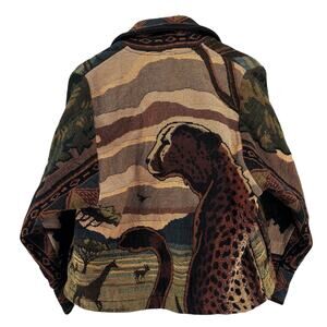 Vintage African Safari Tapestry Jacket Outta The Bag Large Cheetah Boxy Artsy